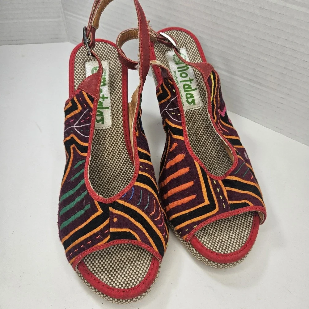 Handmade Tribal Wedge‎ Sandals Size 38 Colombia Textile Leather Boho 7.5